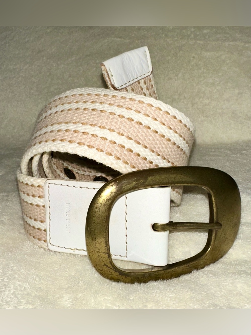 Nine West Vintage Y2K Cotton Web Belt Striped White Leather Brass Buckle Large